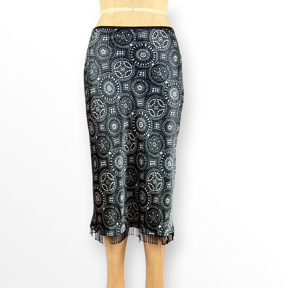 Y2K Wet Seal Fringe Skirt Iridecent Dark Cyber Mandala Print Whimsy Goth Size S - Picture 7 of 9